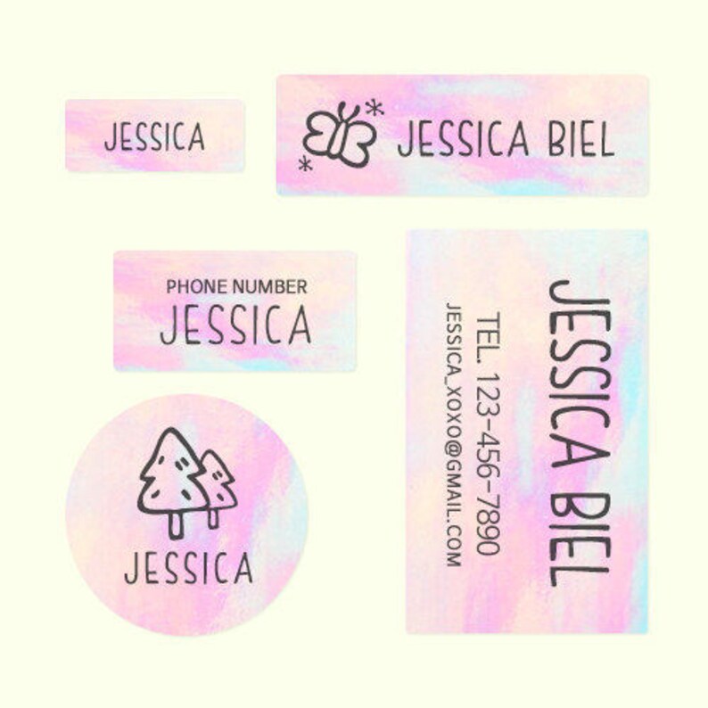 May include: Set of colorful holographic labels with a butterfly design and the name "Jessica Biel". The labels also include a phone number and email address.