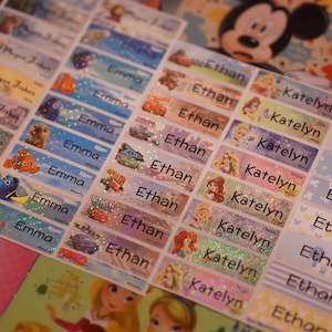 Adesivi con nome, etichette Disney per bambini, etichette personalizzate, adesivi personalizzati, etichette per asili nido, materiale scolastico, etichette impermeabili con nome