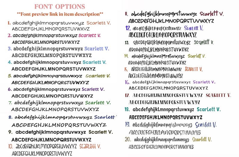 May include: A list of 20 font options for a design project. Each font is displayed in lowercase and uppercase letters, with the name of the font and the designer's name, Scarlett V., listed next to each font.
