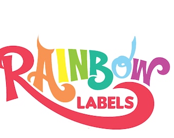 May include: Colorful logo with the text "RAINBOW LABELS". The word "RAINBOW" is in a rainbow of colors, with a stylized font. The word "LABELS" is in red, with a curved underline.