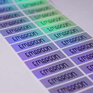 May include: A sheet of iridescent holographic labels with the name "Emerson" printed in black on each label.