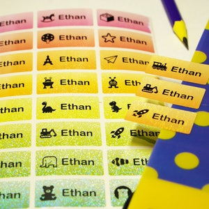 72 glittery waterdichte gradatie naam labels naam stickers zomerkamp label gepersonaliseerde labels, gepersonaliseerde naam tags, regenboog, MEDIUM
