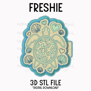 May include: A digital 3D STL file with a sea turtle design, leopard print shell, seashells, and hearts. The word "FRESHIE" is at the top, and "3D STL FILE *DIGITAL DOWNLOAD*" is at the bottom. The design is in shades of blue and beige.