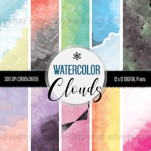14 Watercolor Clouds DIGITAL Scrapbook Paper, Backgrounds, Prints JPG