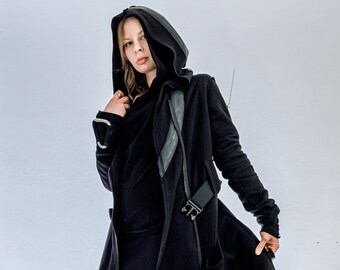 SHIKAROI warm black hooded coat, cyber punk assassin vibe 100% cotton comfortable casual high quality designer streetwear christmas gift
