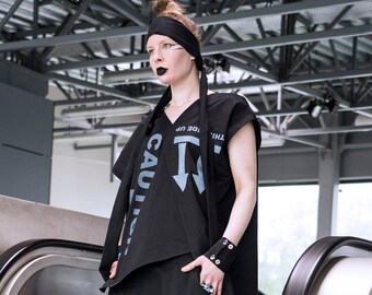 CAUTION shirt avant garde modern samurai style, cyber punk vibe black breathable cotton, printed, hand made quality. Christmas gift
