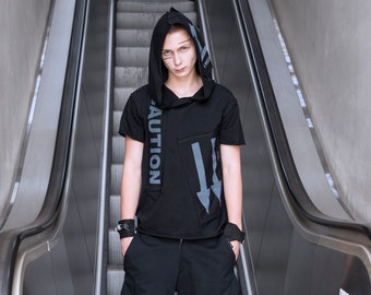 CAUTION printed hooded t-shirt with gray. Handmade 100% cotton, samurai unique alternative fashion comfortable breathable Christmas gift