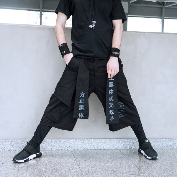 FUKUI pantalon UNISEX samouraï moderne unique alternative poches noires de mode à la main, imprimé, cadeau de Noël confortable