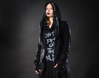 KAMIKIRI long black unique berghain style blouse with large pockets hood cotton breathable comfortable samurai assasin Christmas gift