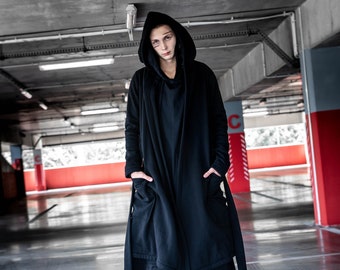 SHIROI coat black alternative unique handmade warm coat hood pockets comfortable breathable cotton lined assasin  gift