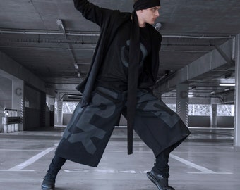 Printed pants. Comfortable cotton samurai style pants. Hand printed, hand made. Black. Modern samurai style trousers christmas gift