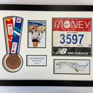 London Marathon 2024-2021 Display Frame for Medal/Running Bib/Photo/Text Including Map of Route Choose From 3 Frames-2 Mount Colour Options image 1