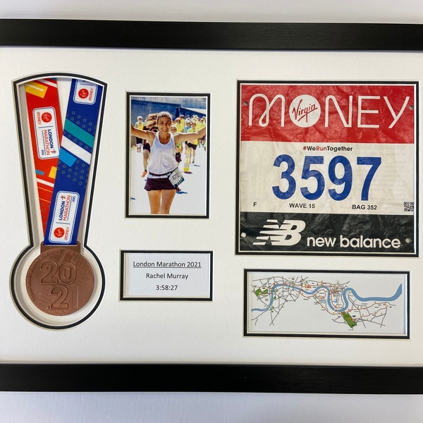 London Marathon 2024-2021 Display Frame for Medal/Running Bib/Photo/Text Including Map of Route Choose From 3 Frames-2 Mount Colour Options