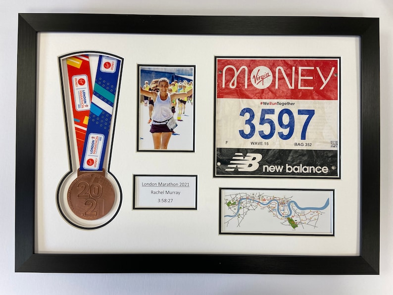 London Marathon 2024-2021 Display Frame for Medal/Running Bib/Photo/Text Including Map of Route Choose From 3 Frames-2 Mount Colour Options image 1