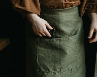 Linen Half Apron, Olive Green Linen Apron, Half Apron with Pocket, Apron in 7 Different Colours