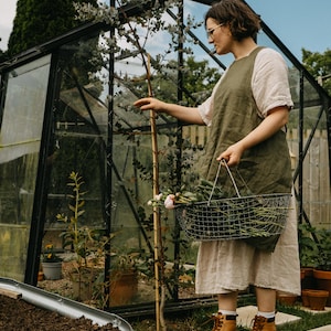 Könnte beinhalten: Eine Person in einer grünen Schürze und einem weißen Hemd steht in einem Gewächshaus und hält einen Korb mit Blumen und Grünzeug. Das Gewächshaus besteht aus Glas und Metall, und im Inneren wachsen Pflanzen.