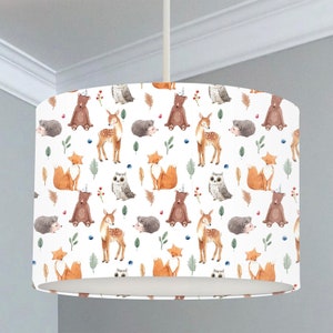 Wildlife Animals Lampshade, Brown and White, Nursery Children's Bedroom, Drum Ceiling Lamp Light Shade