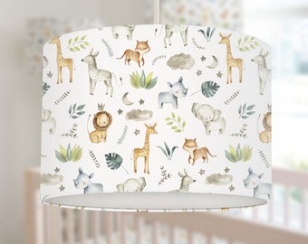 Safari Babies Lampshade, White, Nursery Children's Bedroom, Drum Ceiling Lamp Light Shade