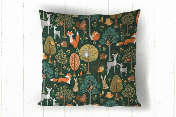 Green Forest Print Cushion Green Woodland Print Cushion Nature Themed Bedroom Nature Nursery Forest Bedding Woodland Bedding Fox Deer