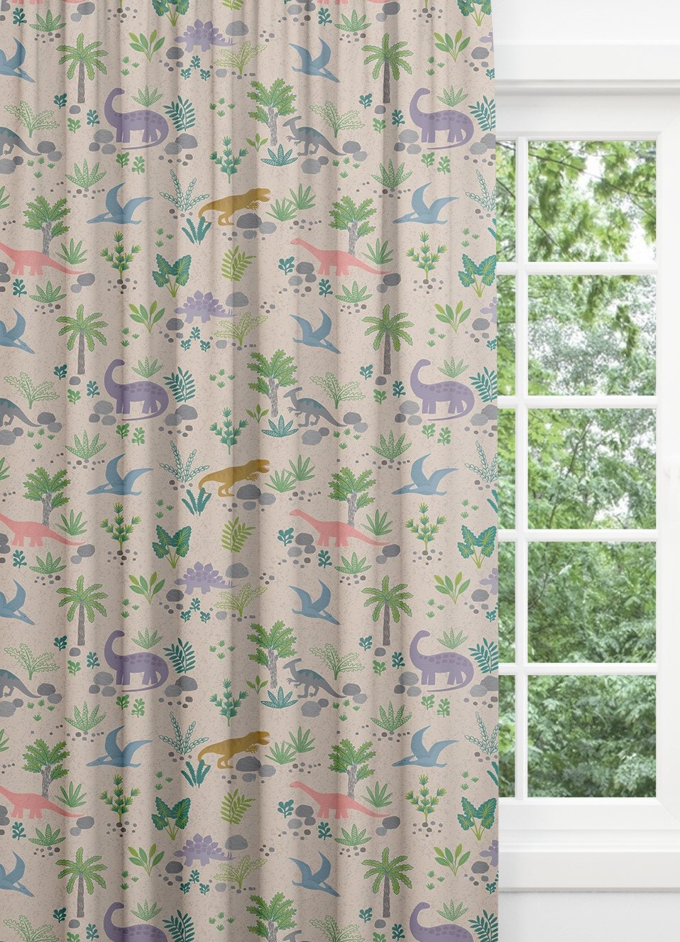 Cream Dinosaur Print Blackout Nursery Curtains Children S Etsy
