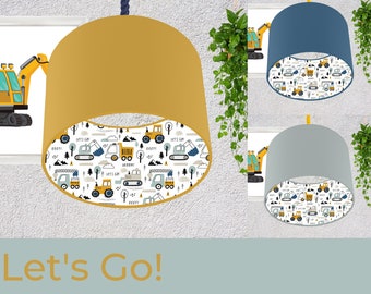 Lined Let's Go Lampshade, Blue, Grey and Mustard, Vehicles Nursery and Children's Bedroom Boy's Room Decor, Drum Ceiling Lamp Light Shade