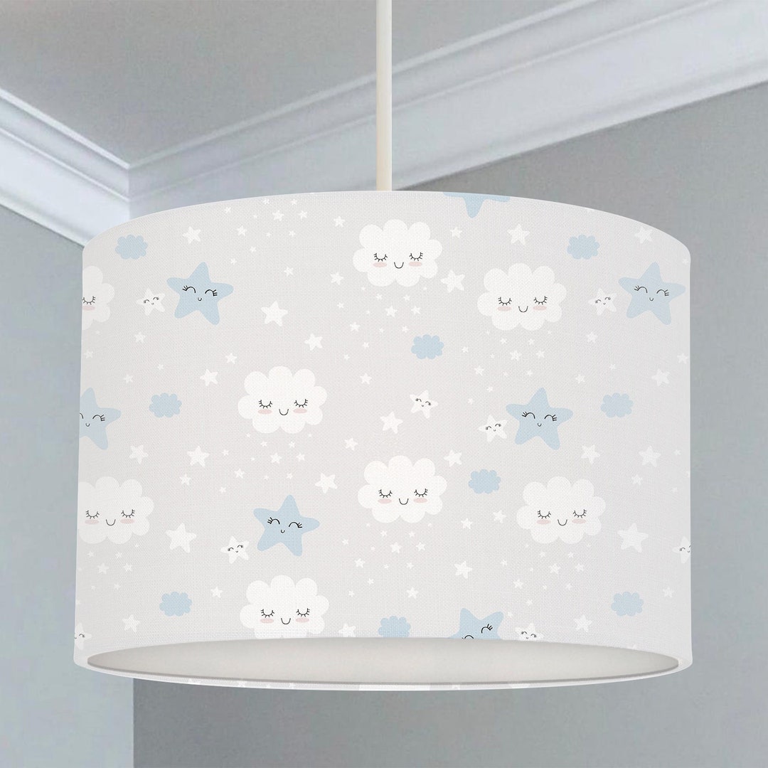 Smiling Clouds and Stars Lampshade, Grey and White, Nursery Children's