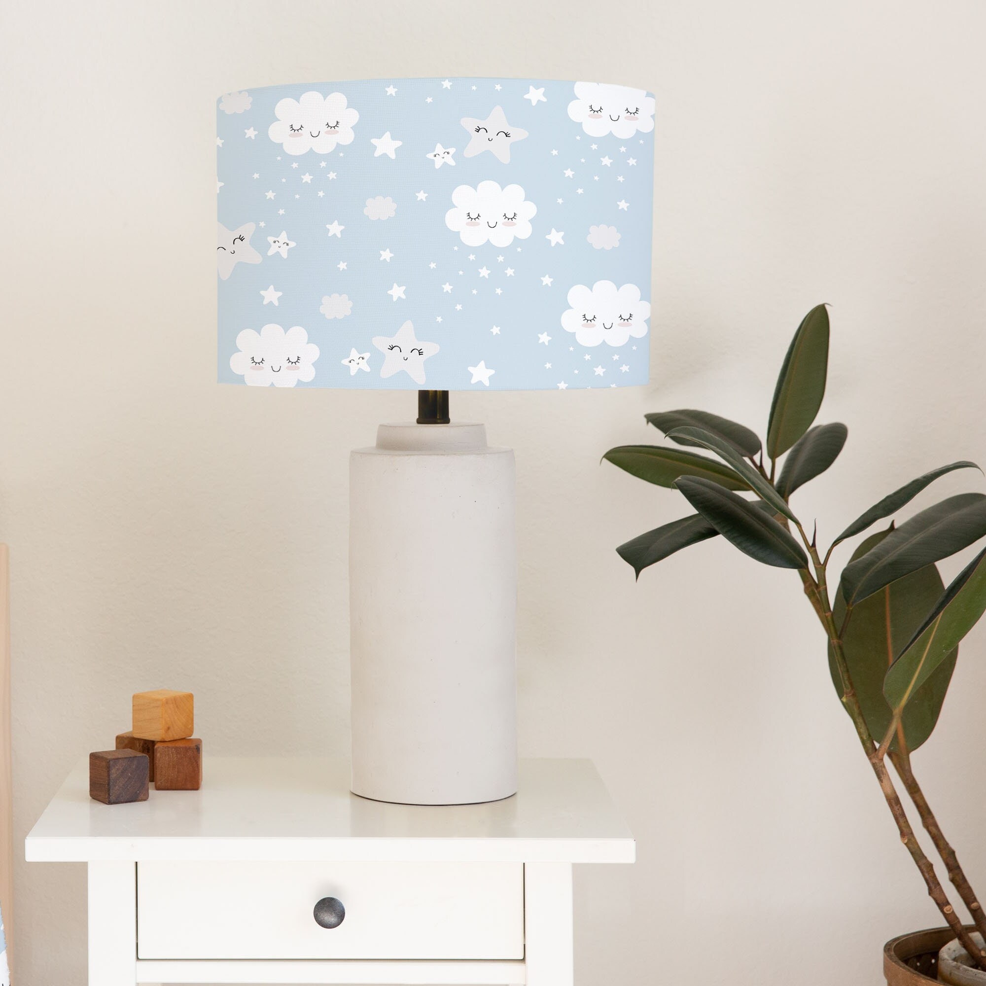 Smiling Clouds and Stars Lampshade Blue and White Nursery