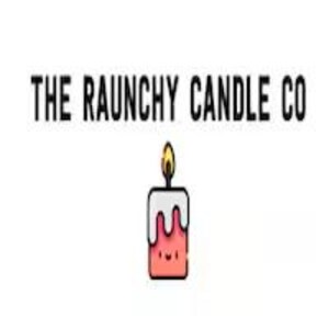 May include: A red candle with a white top and a yellow flame. The candle has a cute cartoon face and is dripping wax. The text "THE RAUNCHY CANDLE CO" is above the candle.