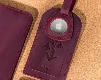 Personalized Leather Passport Cover, Luggage Tag, AirTag Holder, Birth Flower