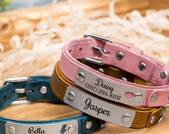 Personalized Leather Small Dog Collar with Engraved Name Plate