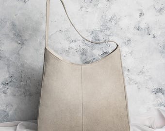 Handmade Beige Suede Shoulder Bag, Minimalist Leather Crossbody Tote