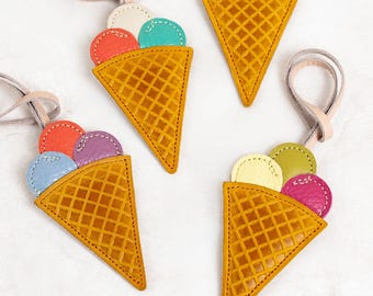 Leather Ice Cream Bag Charm, Purse Handbag Accessory with Name, Custom Keychain