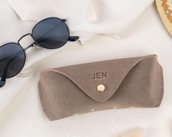 Personalized Suede Sunglasses Case, Neutral Eyeglass Pouch, Gold Snap