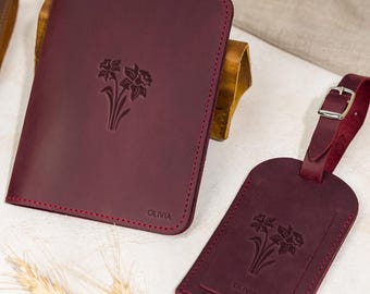Personalized Leather Travel Set, Birth Flower Passport Holder, Luggage Tag