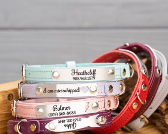 Personalized Pink Leather Cat Collar, Custom Engraved Tag