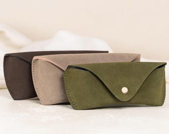 Personalized Suede Sunglasses Case, Neutral Eyeglass Pouch, Gold Snap