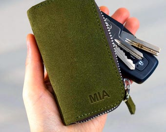 Handmade Suede Leather Zipper Key Wallet, Card Holder, Slim Key Organizer