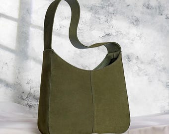 Olive Suede Hobo Bag – Handmade Minimalist Leather Shoulder Tote