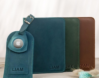 Personalized Name Leather Passport Cover, Custom Leather Passport Holder, Engraved Luggage Tag with airtag &Passport Case, Mom&#39;s gift