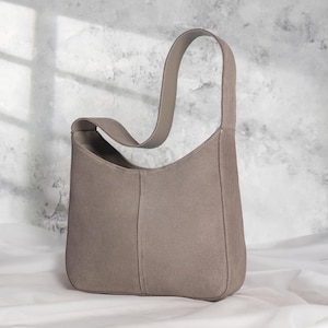 Taupe Suede Shoulder Bag – Handmade Soft Leather Purse, Elegant Everyday Tote, Gift for Her, Mother’s Day or Birthday Gift for Women