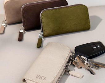 Minimalist Suede Leather Key Holder Wallet, Zippered Key Case
