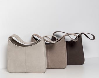 Handmade Beige Suede Shoulder Bag – Minimalist Leather Crossbody Tote