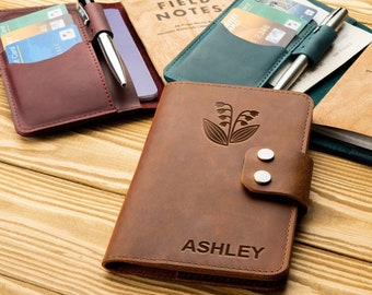 Leather field notes cover with pen loop, Birth flower journal 3.5x5.5&quot; Moleskine Cahier compatible, Personalized Christmas Gift, Office Gift