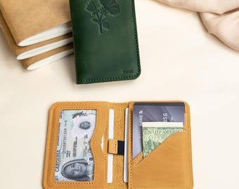 Handmade Leather Card Wallet – Personalized Birth Flower Engraved Gift