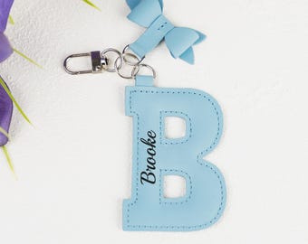 Leather Letter Keychain with Bow – Custom Initial Bag Charm with Text Engraving