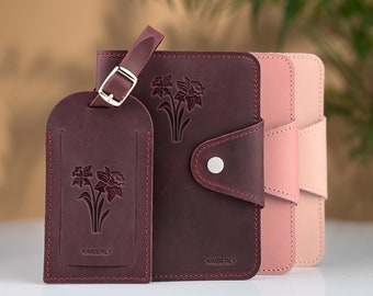 Personalized Leather Passport Cover & Luggage Tag Set, Birth Flower Design