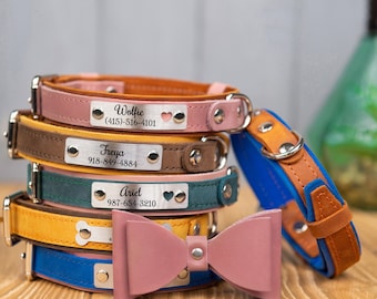 Collier pour chien personnalisé avec noeud papillon en cuir velours, nom gravé