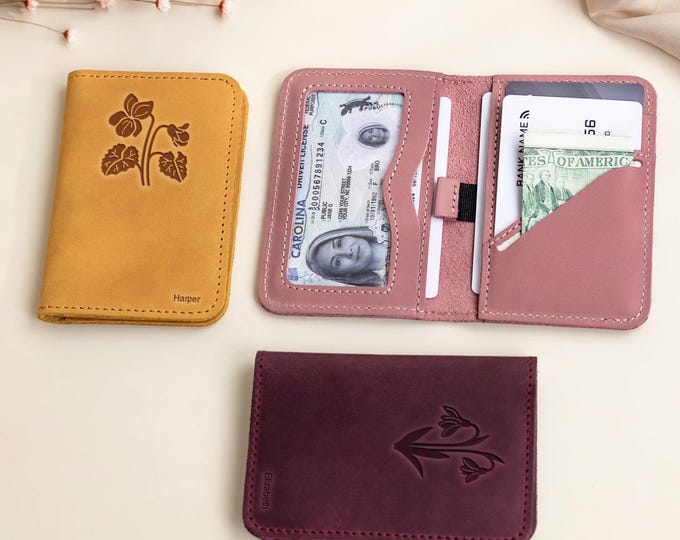 Birthflower Leather Card Wallet, Personalized Slim Handmade Wallet