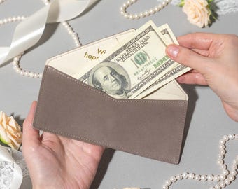 Personalized Suede Money Envelope with Magnetic Closure – Handmade Leather Cash Pouch Wallet