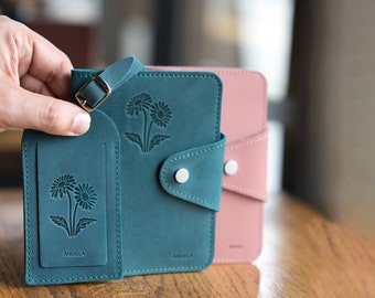 Personalized Leather Passport Holder Luggage Tag Set, Birth Month Flower